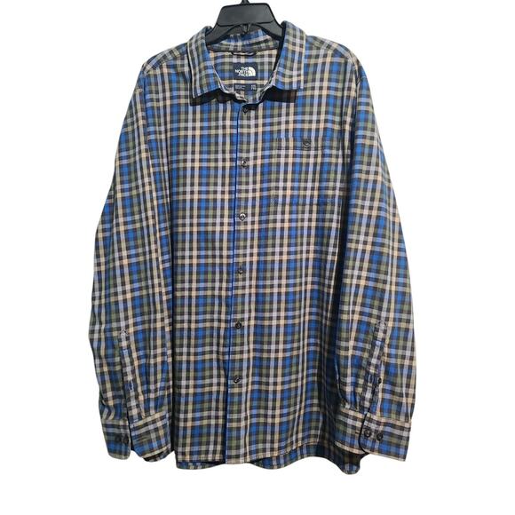North Face Plaid Flannel Button Shirt Blue Green Size XXL - Picture 1 of 5